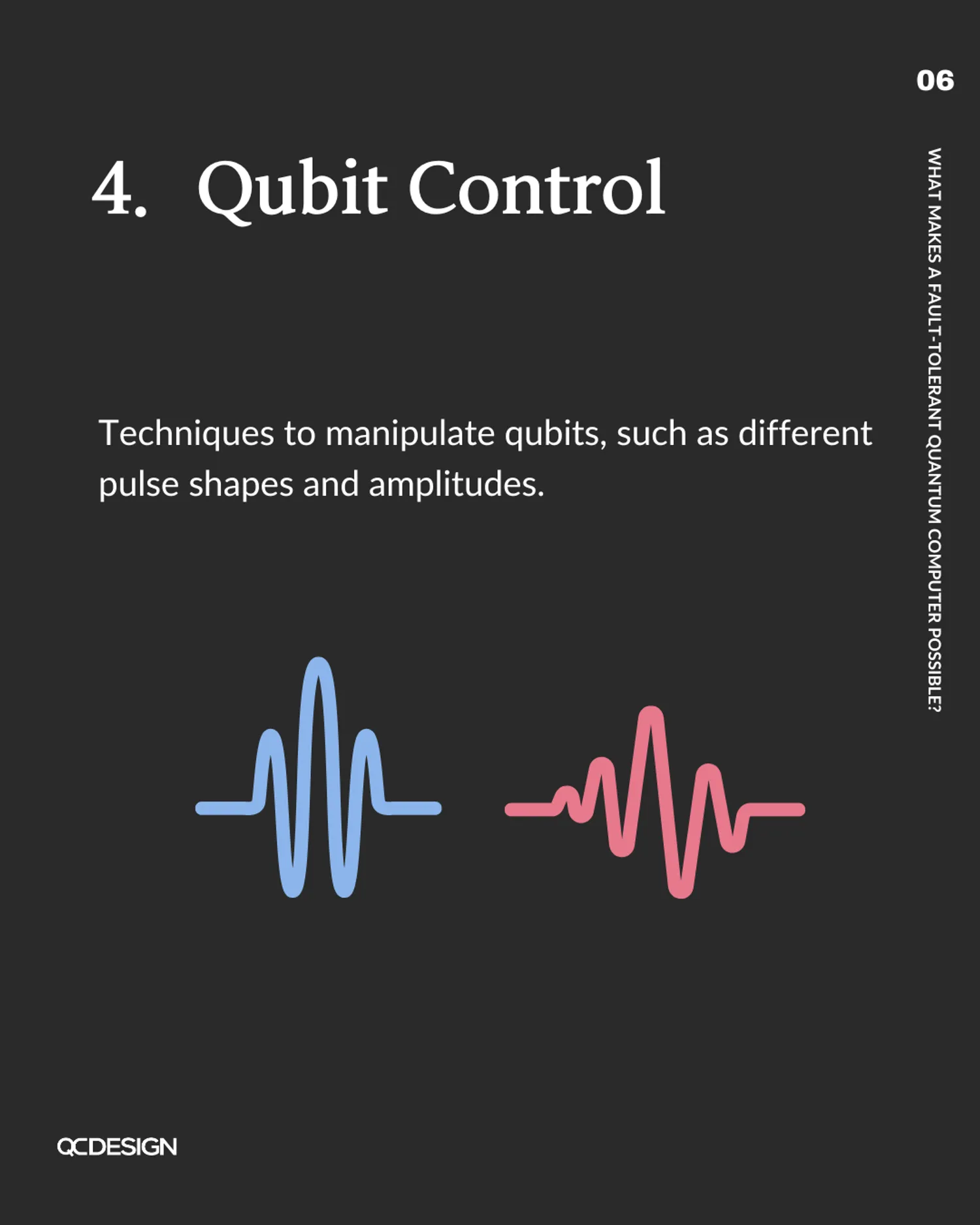Qubit control: techniques to manipulate qubits such as different pulse shapes and amplitudes, with waveform icons