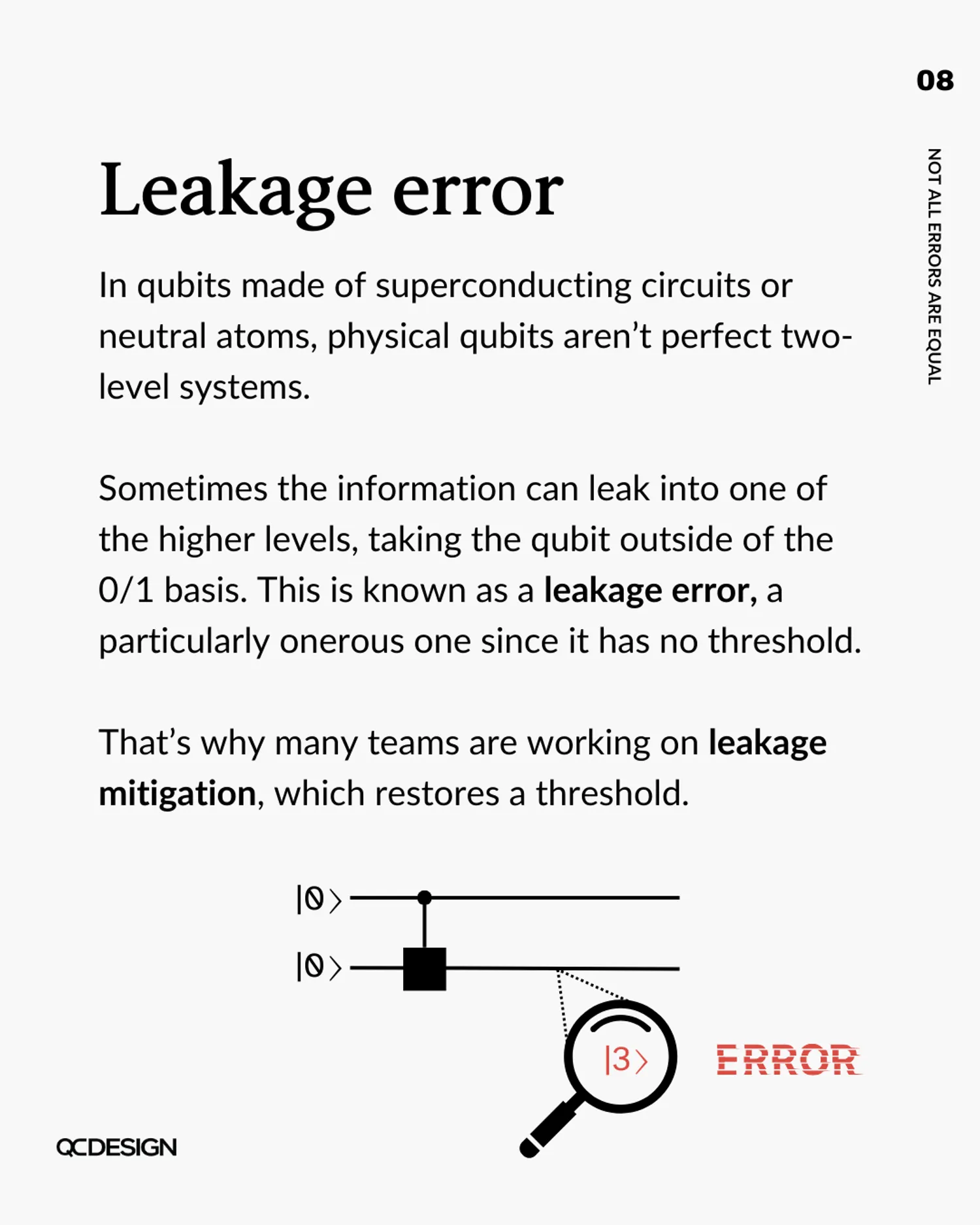 Leakage error: qubits leaking outside the 0/1 basis has no threshold, requiring leakage mitigation