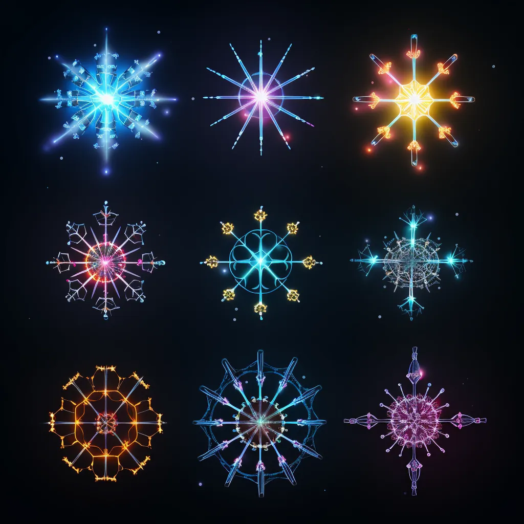 Grid of nine colorful crystalline structures representing the diversity of quantum hardware platforms and their different constraints and imperfections.