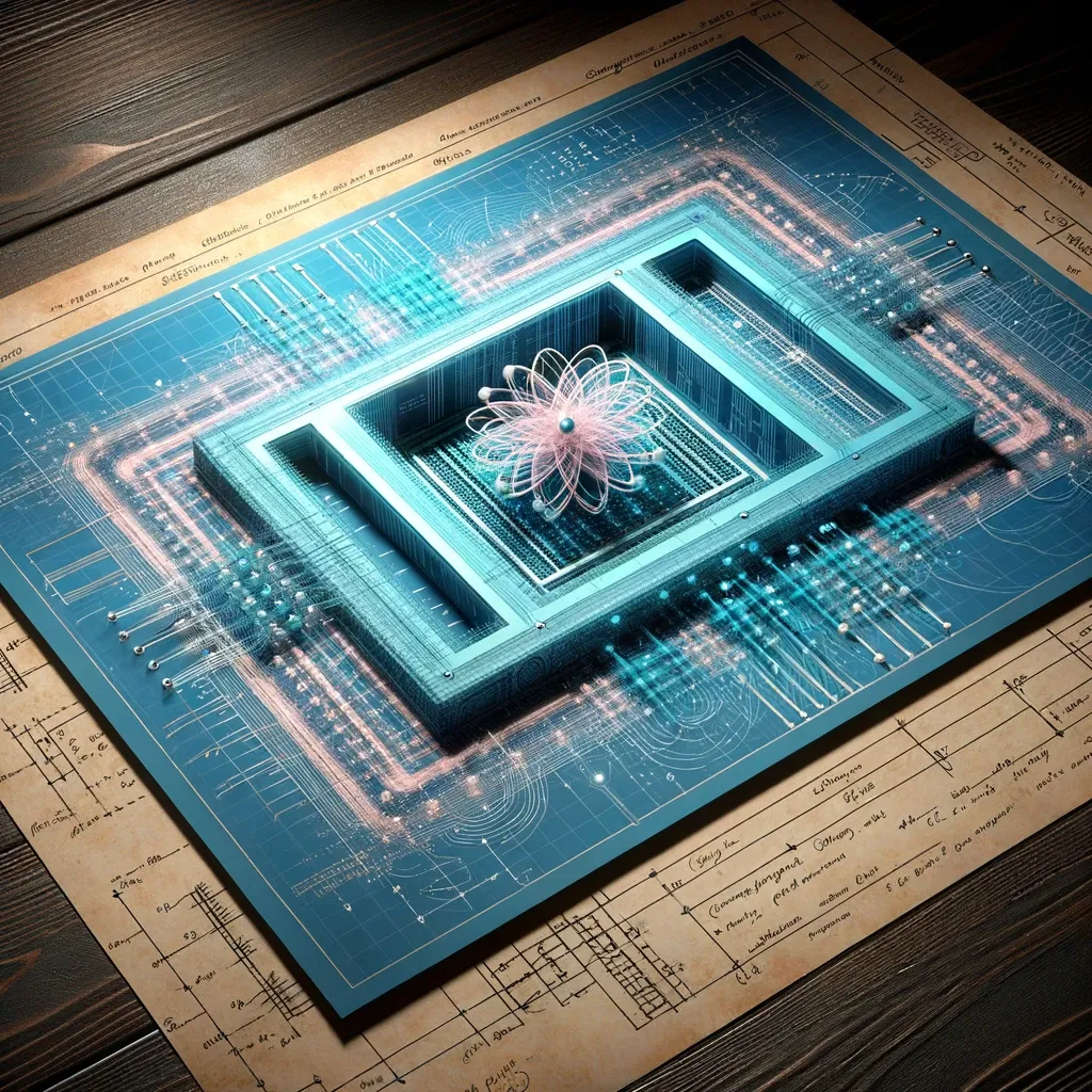 Illustration of a quantum computing blueprint showing a layered chip design with circuit patterns and a quantum processor at its center.